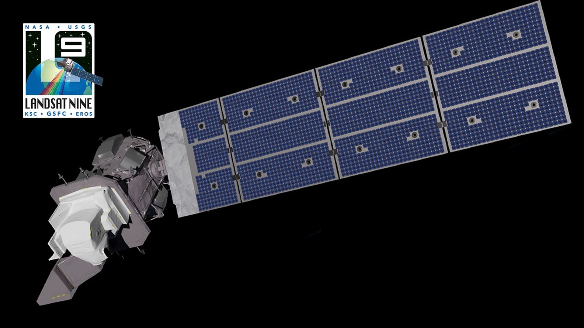 An image of the Landsat 9 satellite on a black background.