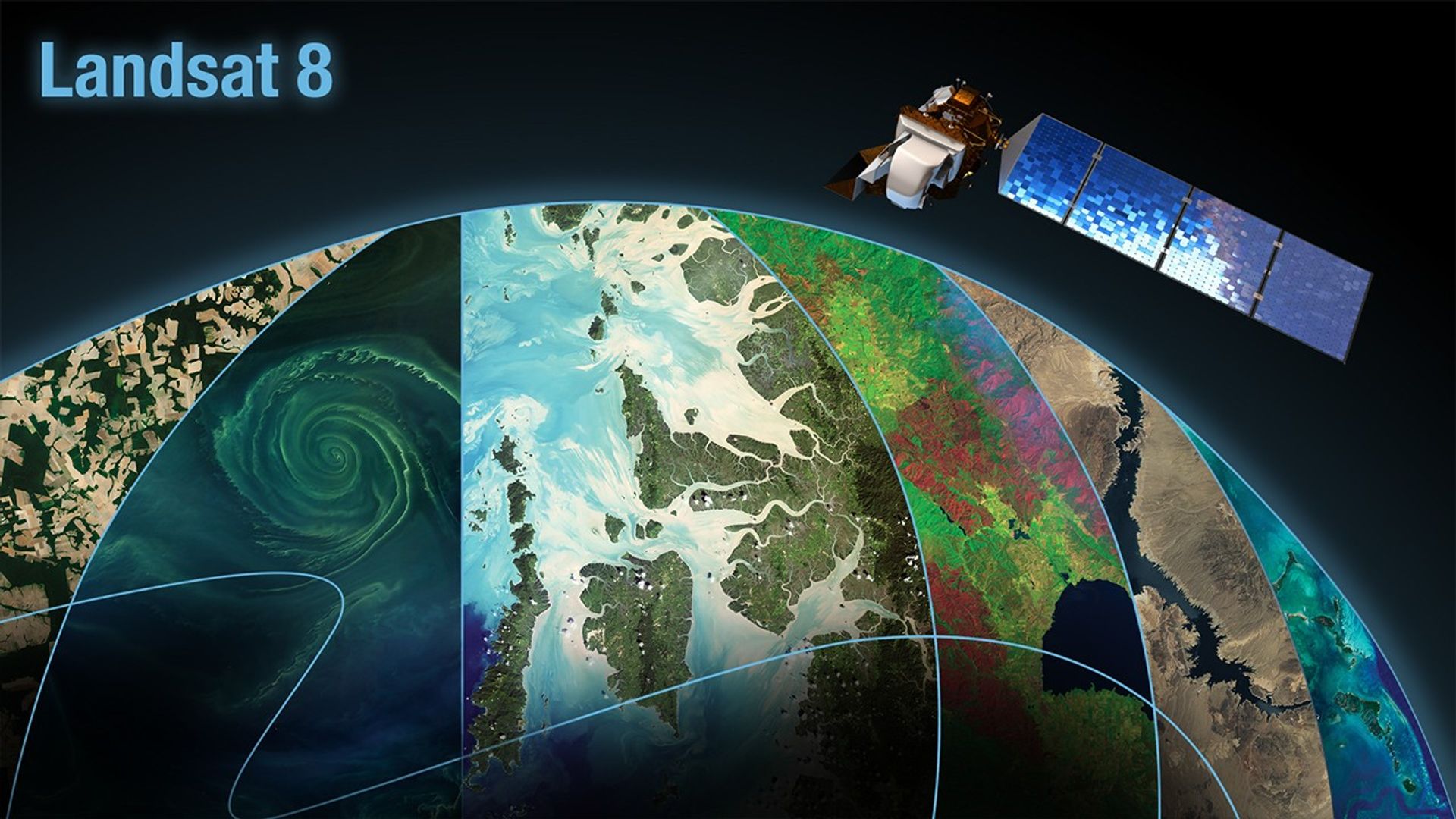 A desktop background featuring Landsat 8.