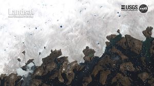 A natural-color Landsat satellite image of an Ice cap in Greenland.