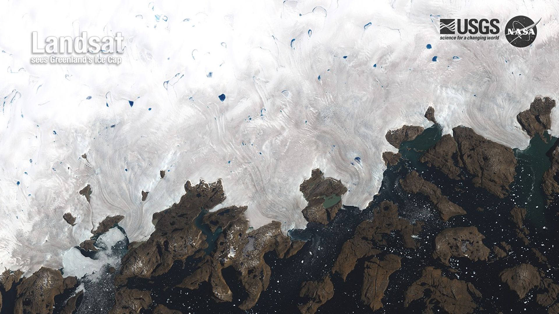 A natural-color Landsat satellite image of an Ice cap in Greenland.