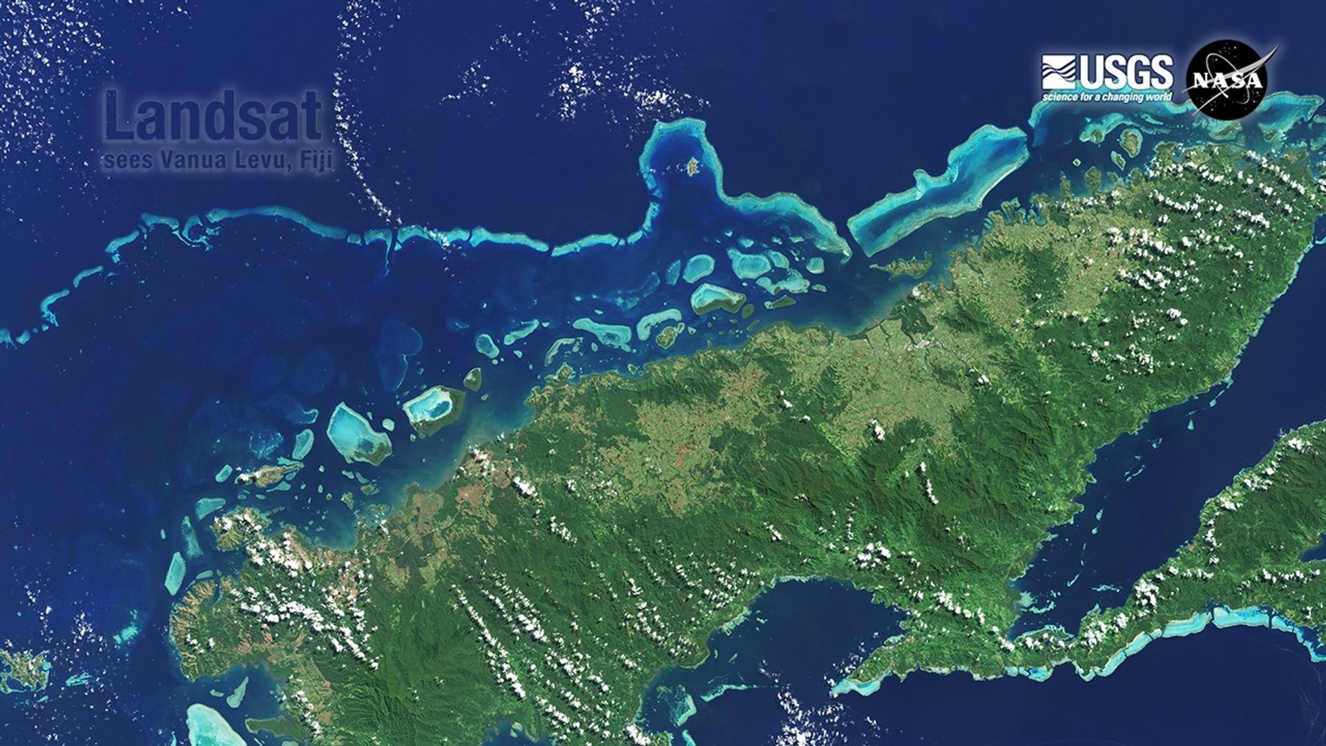 A natural-color Landsat satellite image of Vanua Levu, Fiji.