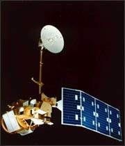 Scale model of the Landsat 4-5 satellite showing the high gain antenna and solar arrays.