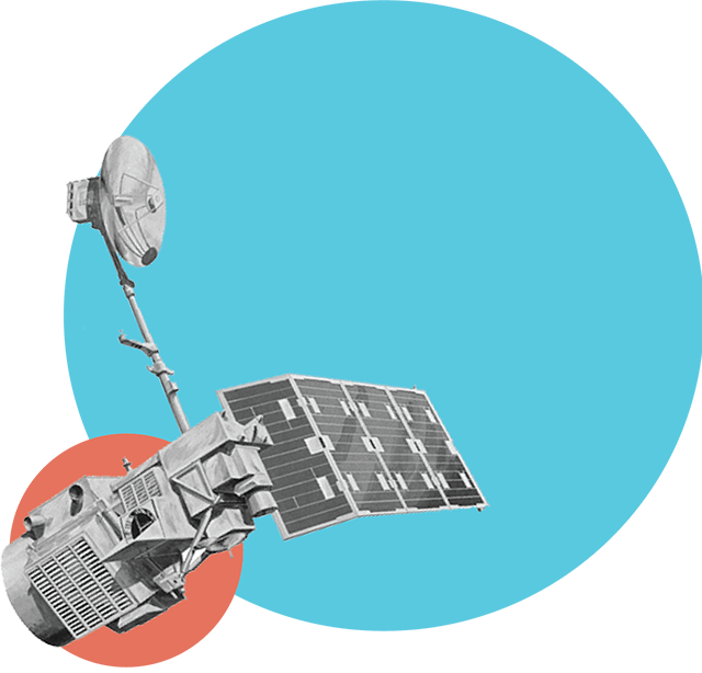 Stylized graphic illustration of the Landsat 4-5 satellite featuring its high gain antenna and solar array panels against a geometric blue and coral background.