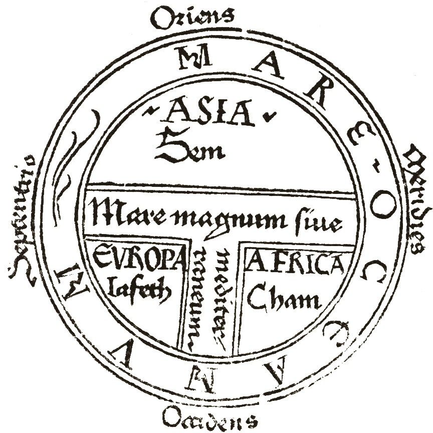 The simplest, almost iconic, interpretation of mappaemundi were the “T and O” maps showing three continents–Africa, Europe and Asia– separated by bodies of water. The ocean that surrounded the world made up the characteristic “T” and “O” shapes.
