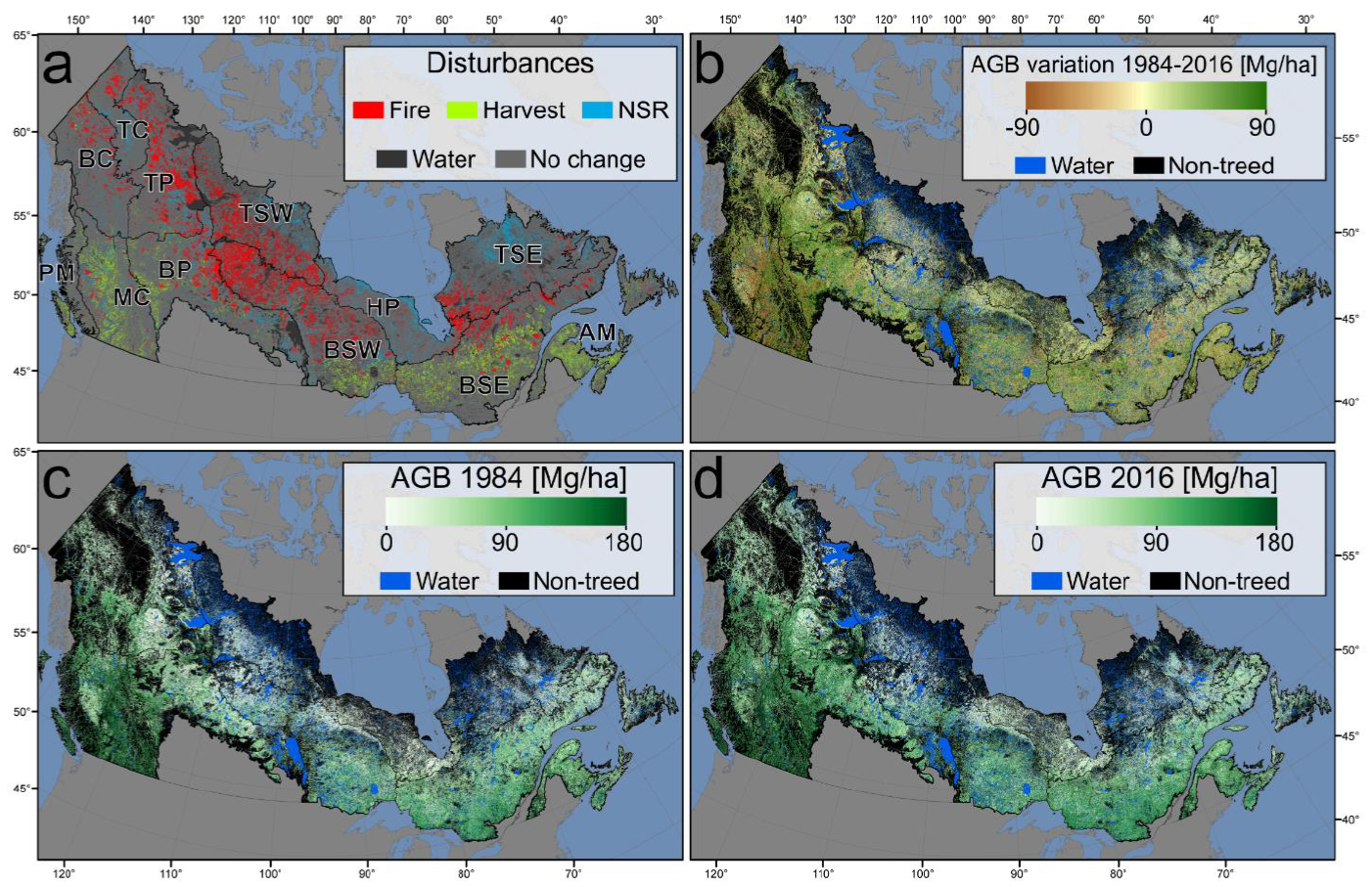 Maps showing changes to Canada's forest-dominated ecosystems between 1985 and 2016