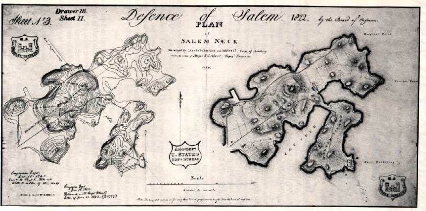 Maps of Salem, Massachusetts comparing contour lines (left) with traditional hachures (right) by topographical engineers George Whistler and William G. McNeill.