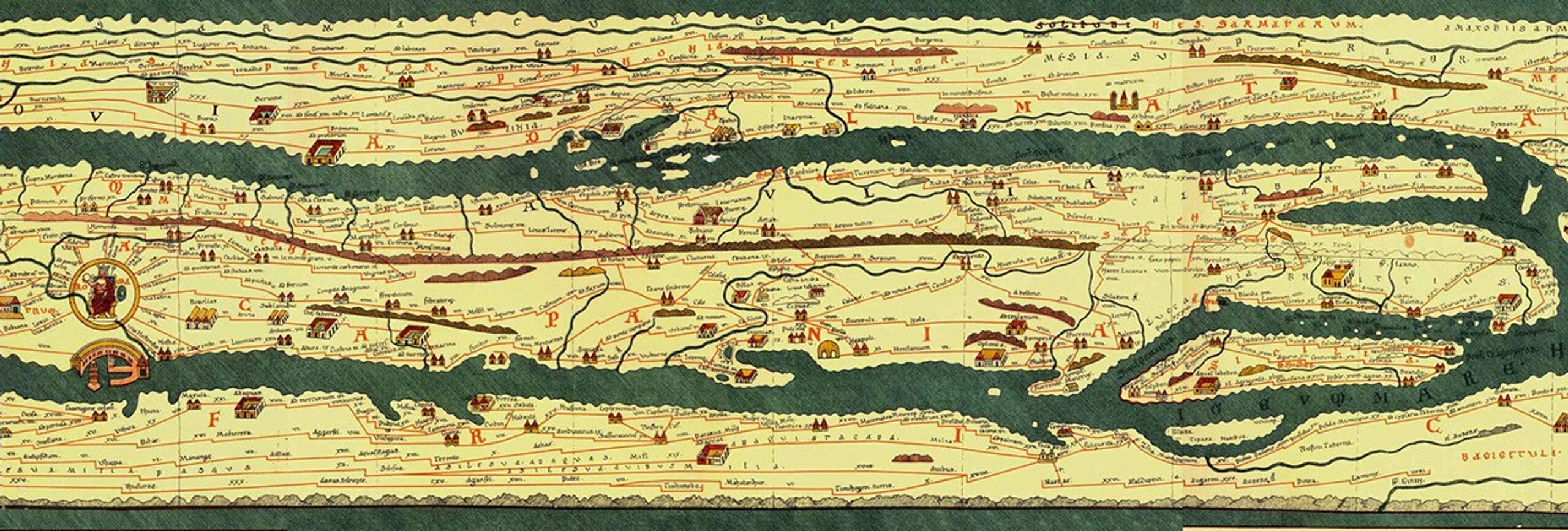 The Tabula Puetingeriana (Peutinger Table, Peutinger Map) is an itineraria of the Roman road network. The section shown here is from Rome (far left) to the tip of Italy (far right). Africa is at the bottom, the rest of Europe at the top, and the body of water is the Mediterranean Sea. This is an excellent example of a practical map based on the linear routes of Roman roads, but looks nothing like the accurate cartographic projection of the Mediterranean region. However, on closer look, some familiar geographic features can be seen such as the ‘boot’ of Italy and the island of Sicily on the right.