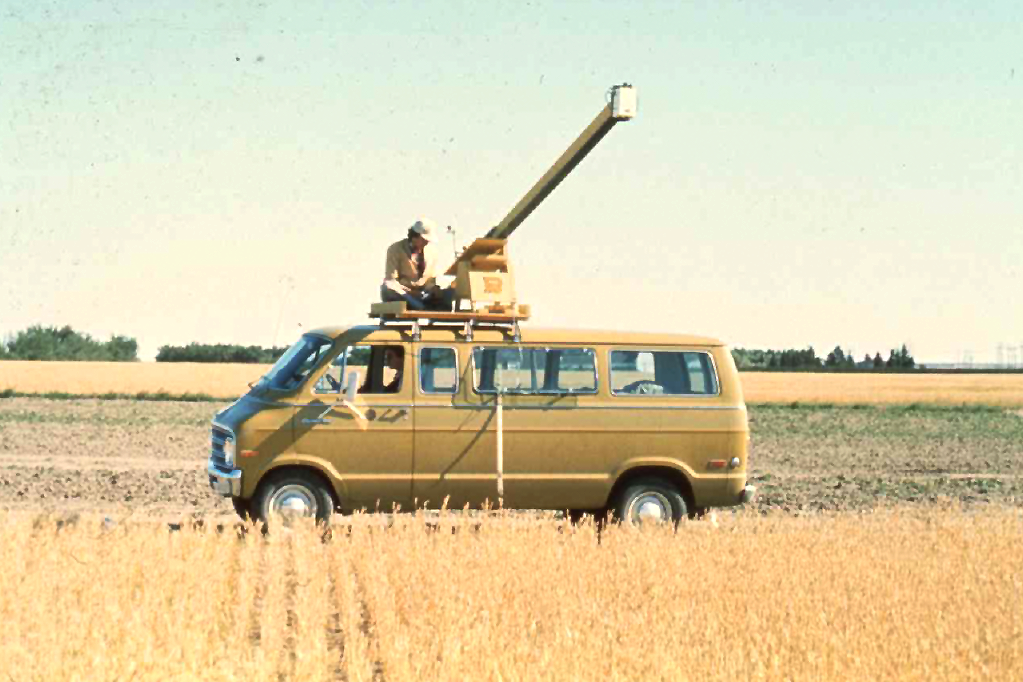An image of a boom-mounted Exotech taking measurements over a field during a LACIE field campaign.