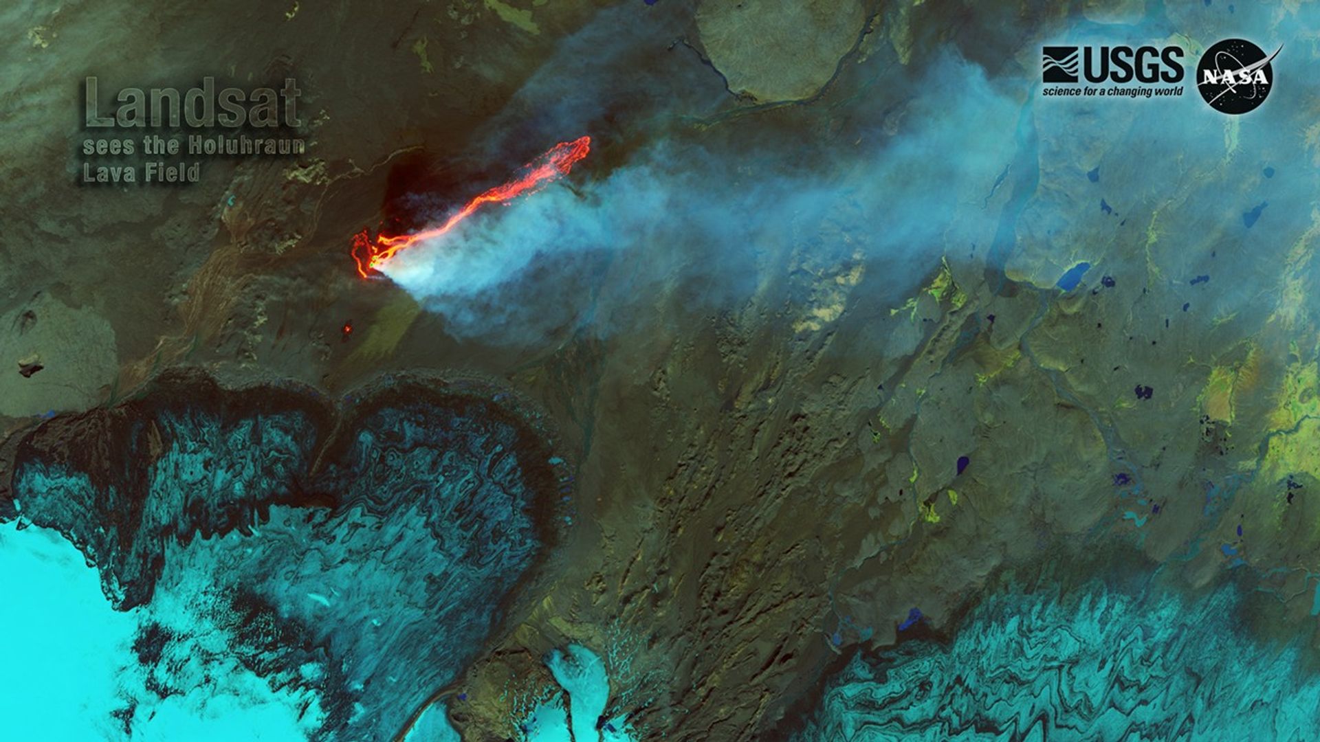 An infrared-color Landsat satellite image of the Holuhraun Lava Field.