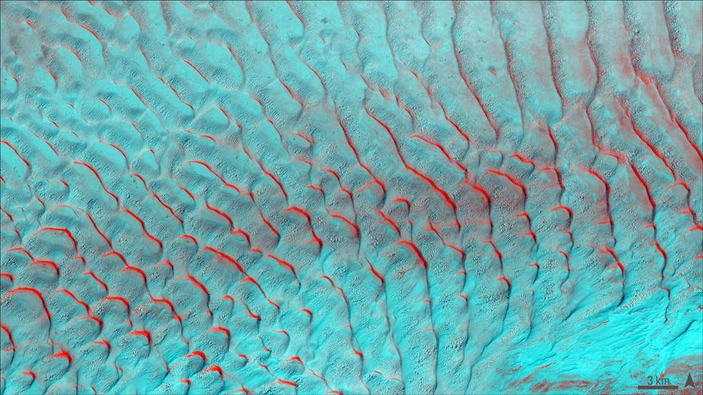Landsat 9 image of snow-covered sand dunes in China's Taklimakan Desert.