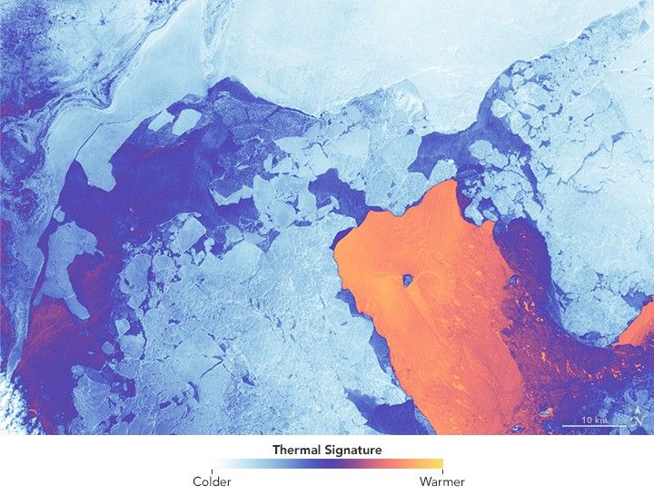In the Caspian Sea, as sea ice begins to melt in February 2017, Landsat 8's TIRS instrument captured this image of a lone chunk of grounded sea ice surrounded by thinner, warmer ice and open water (orange). The TIRS instrument on In addition to water consumption estimates, Landsat 8's TIRS instrument has been used to detect the birth of icebergs, monitor lava flows, and assess urban heat islands. Image credit: Joshua Stevens, NASA's Earth Observatory