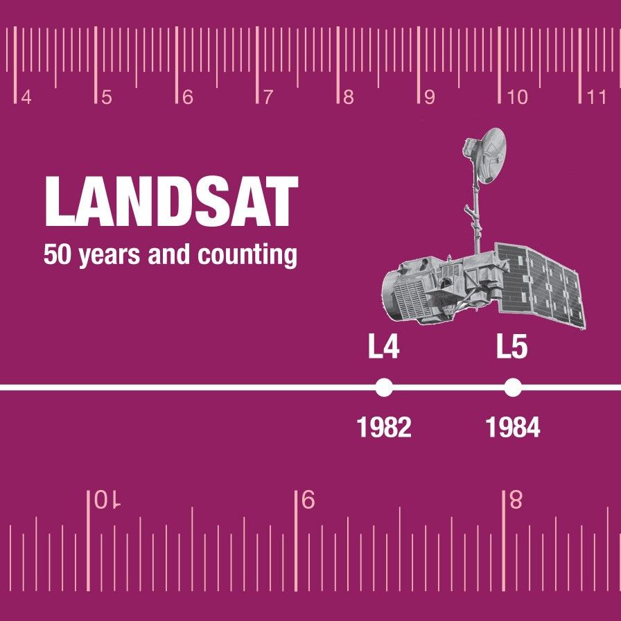 Infographic celebrating 50 years of the Landsat program, featuring Landsat 4 and 5 satellites positioned on a timeline showing their 1982 and 1984 launch dates respectively.