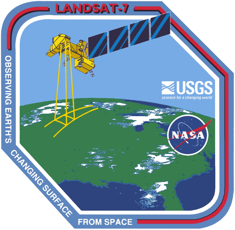 Official mission patch for the Landsat 7 Earth observation satellite, jointly operated by NASA and USGS. The design illustrates the satellite's mission to monitor Earth's changing surface from space through continuous imaging and data collection.