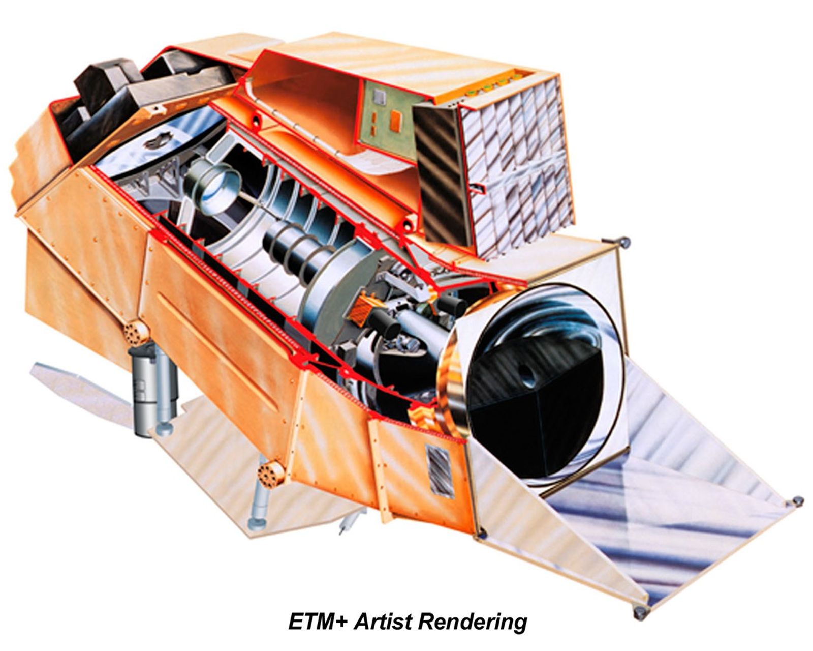 Artist rendering of the Enhanced Thematic Mapper Plus (ETM+) instrument with cutaway view showing internal optical components and systems. This primary imaging instrument was carried aboard Landsat-7 to capture high-resolution multispectral imagery of Earth's surface.
