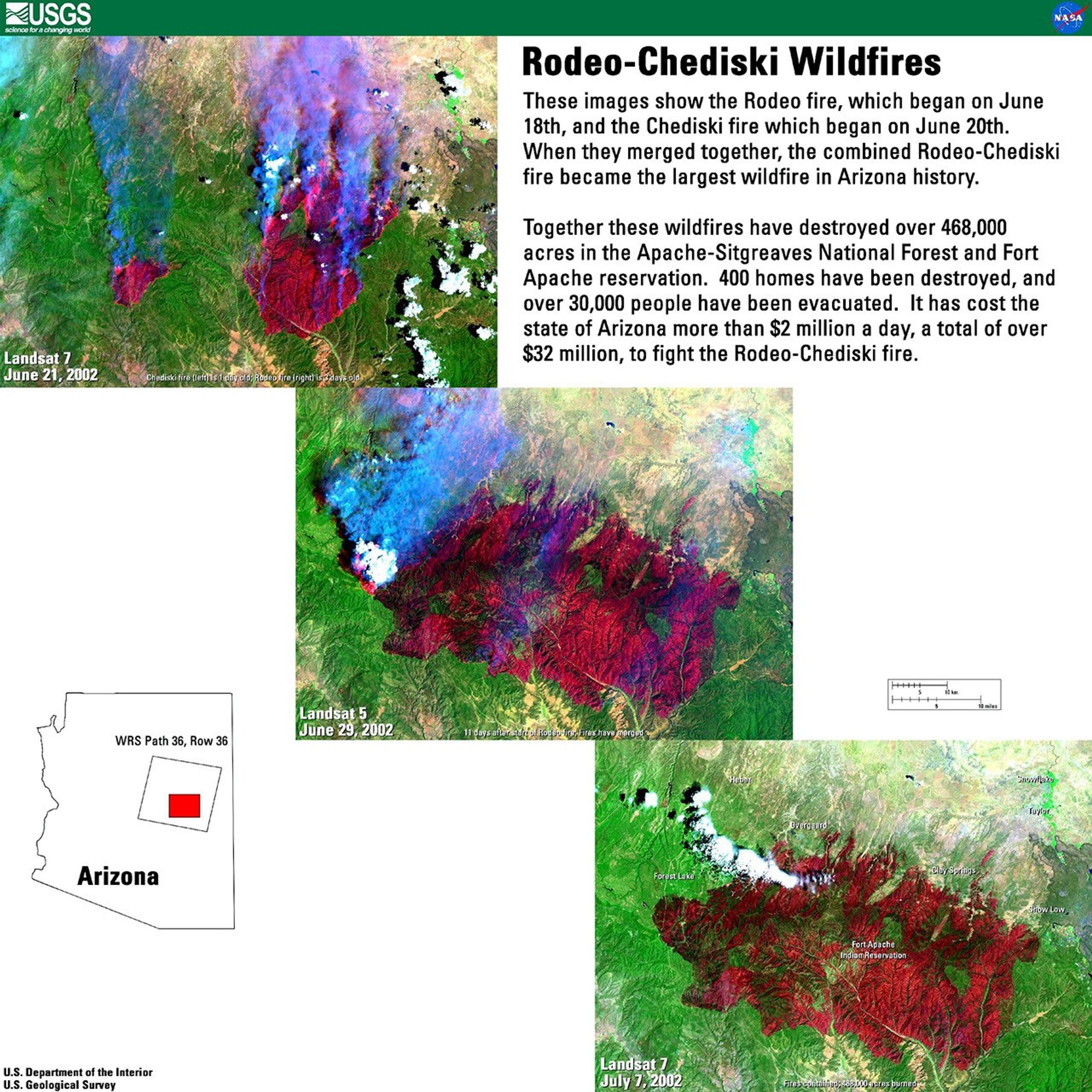 Time series of Landsat 7 satellite images documenting the progression of the historic Rodeo-Chediski wildfires in Arizona during June-July 2002. These false-color images demonstrate how satellite monitoring can track wildfire development and assess damage, showing the fires' growth into Arizona's largest wildfire at that time, affecting over 468,000 acres.