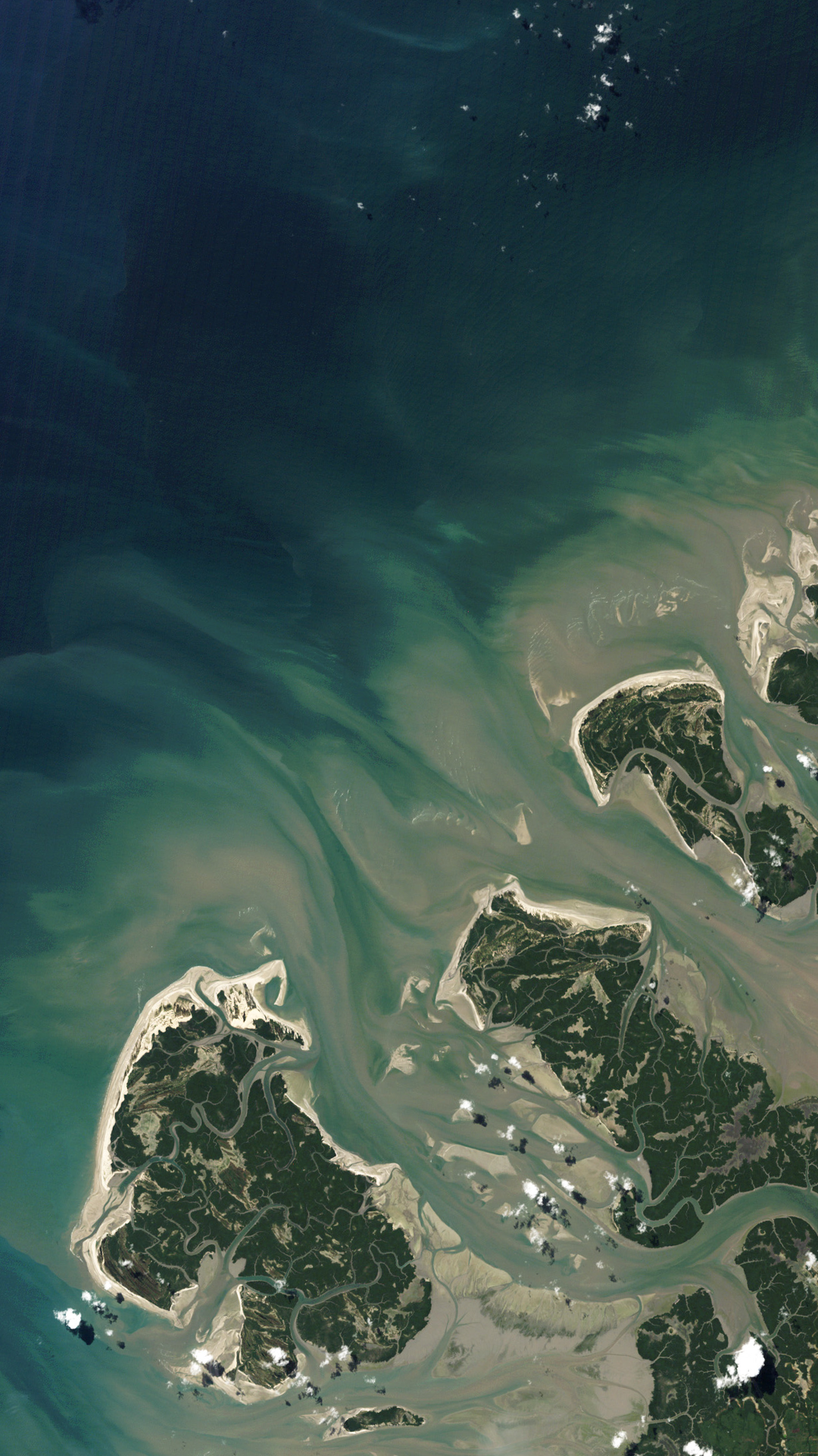 A Landsat satellite image featuring tan and green shallow water contrasted with the dark blue ocean