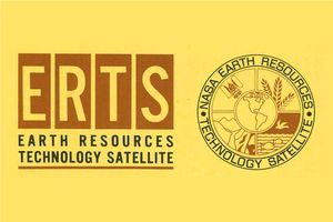 Graphic showing the ERTS (Earth Resources Technology Satellite) logo in brown and yellow. On the left, large block letters spell out “ERTS” with the words “Earth Resources Technology Satellite” below. On the right, a circular NASA emblem features Earth at the center surrounded by icons of a satellite, wheat, mountains, and fish to represent natural resources.