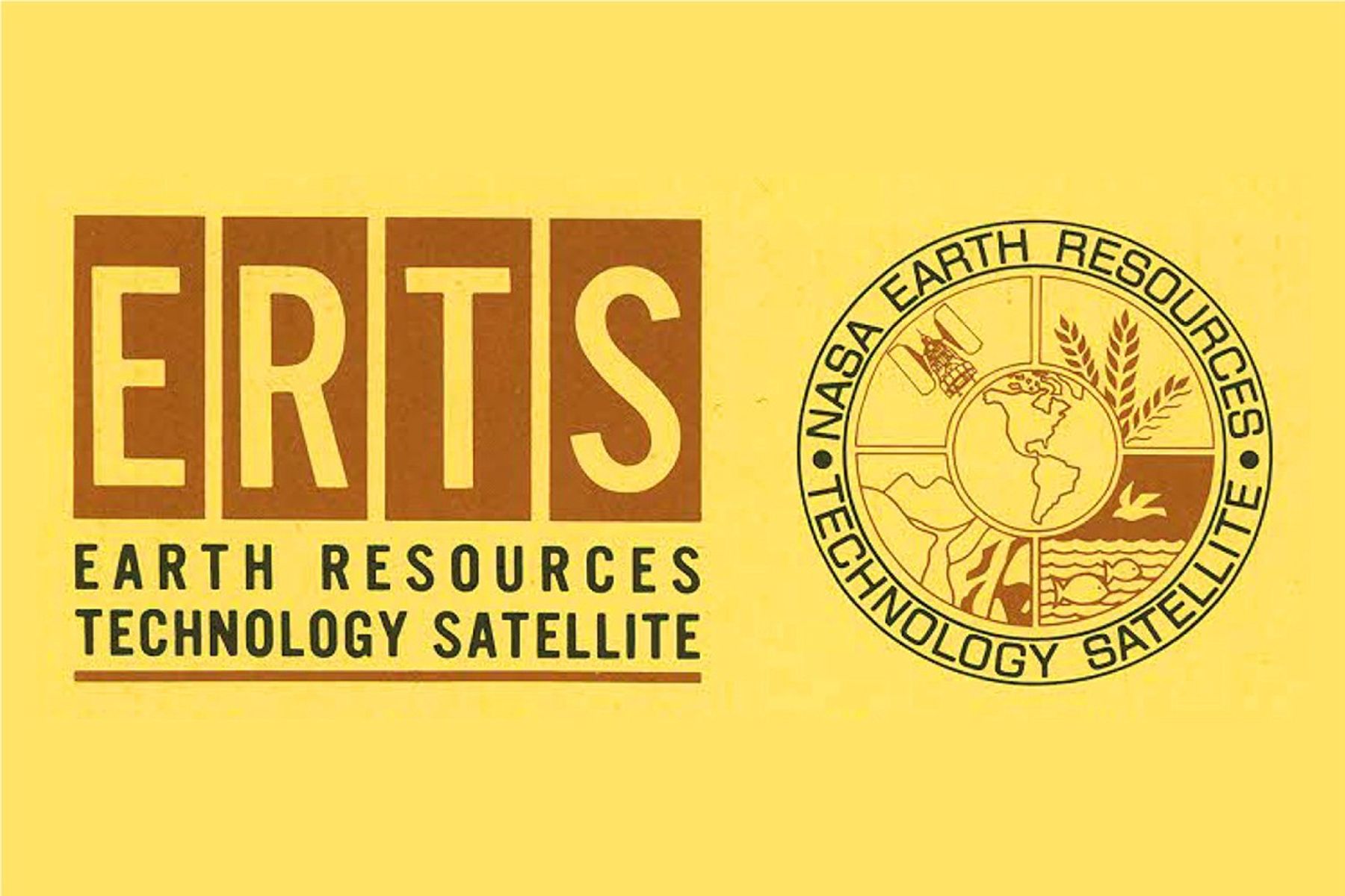 Graphic showing the ERTS (Earth Resources Technology Satellite) logo in brown and yellow. On the left, large block letters spell out “ERTS” with the words “Earth Resources Technology Satellite” below. On the right, a circular NASA emblem features Earth at the center surrounded by icons of a satellite, wheat, mountains, and fish to represent natural resources.