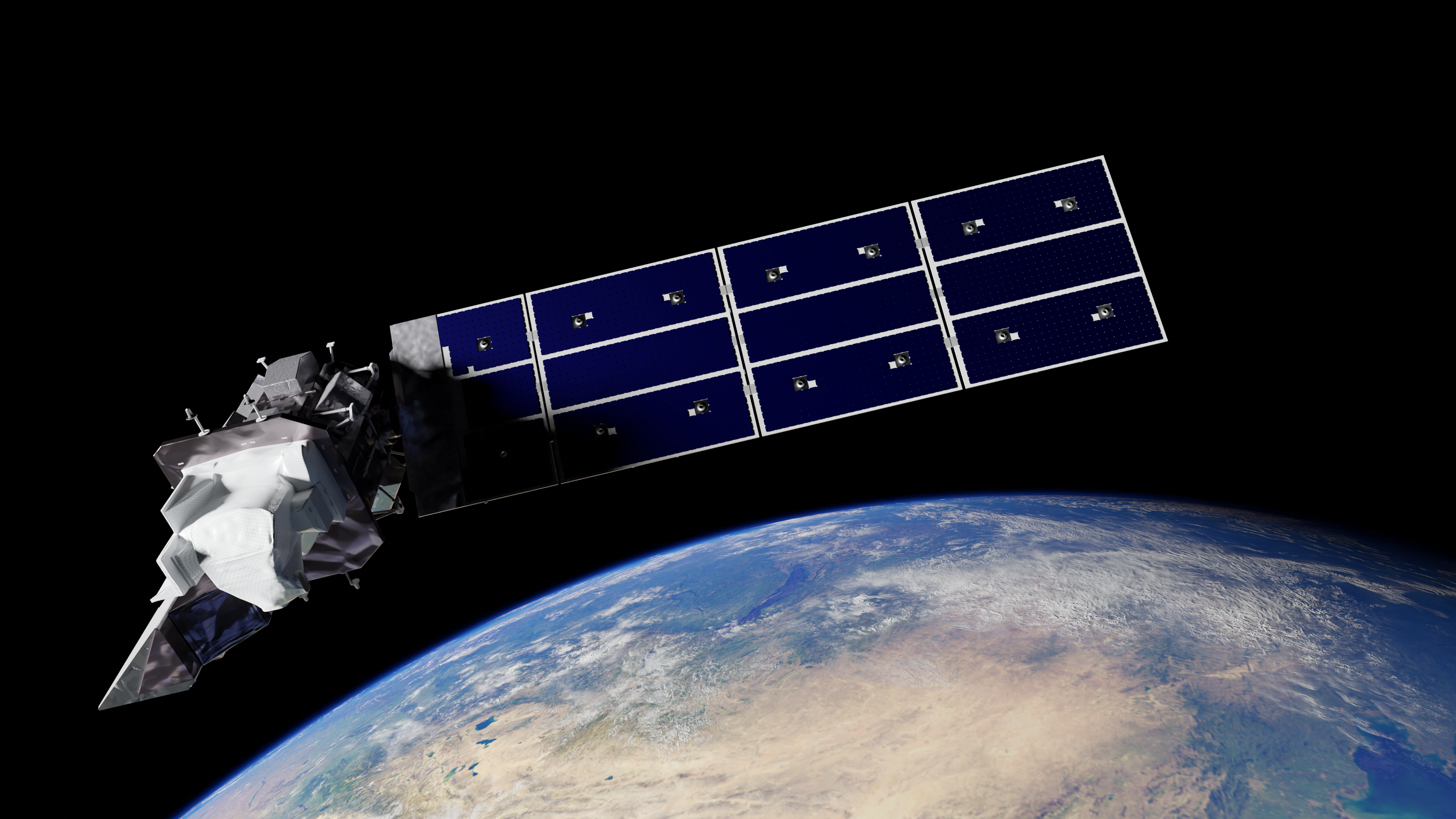 A rendered image of Landsat 9 orbiting over earth.