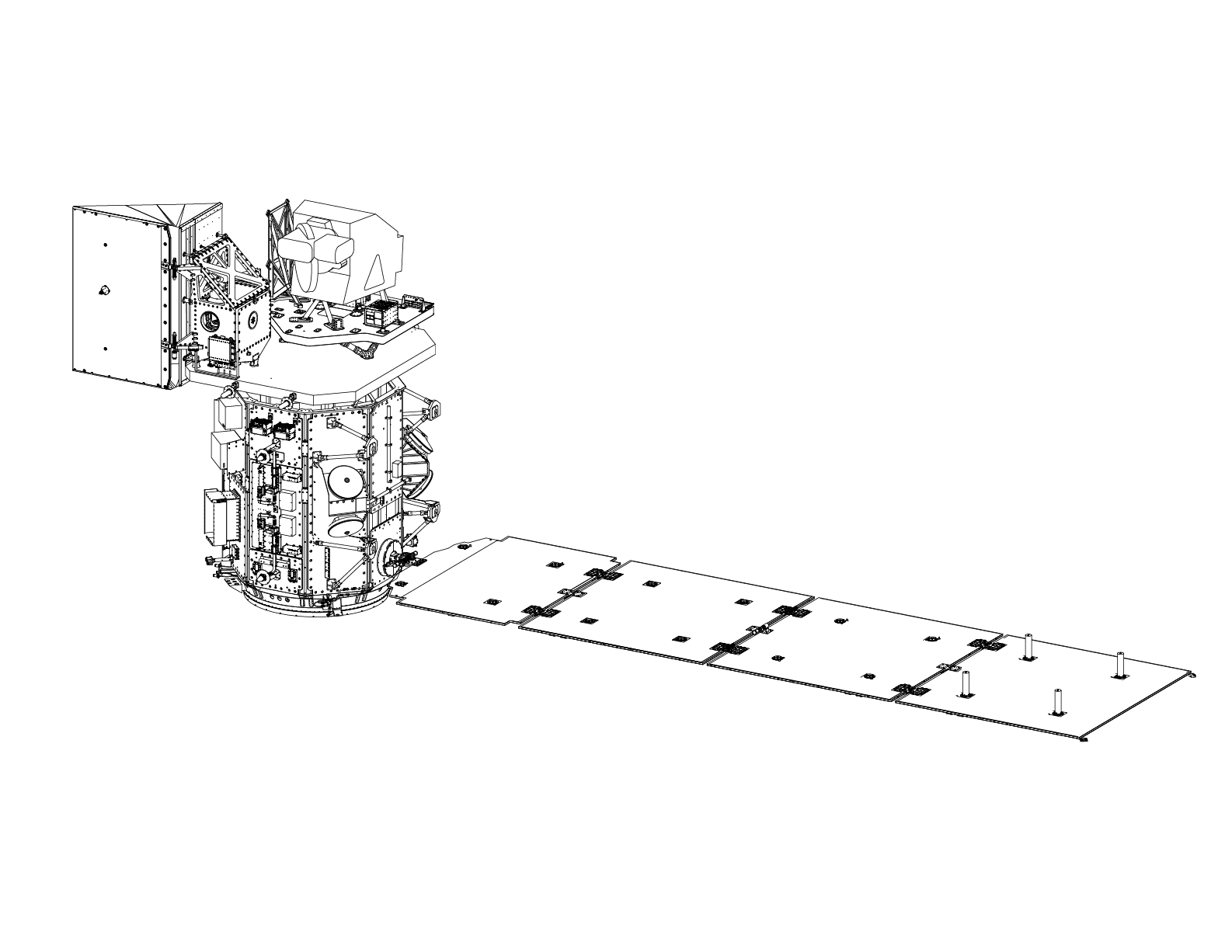 Line art illustration of the Landsat 8/9 satellite spacecraft.
