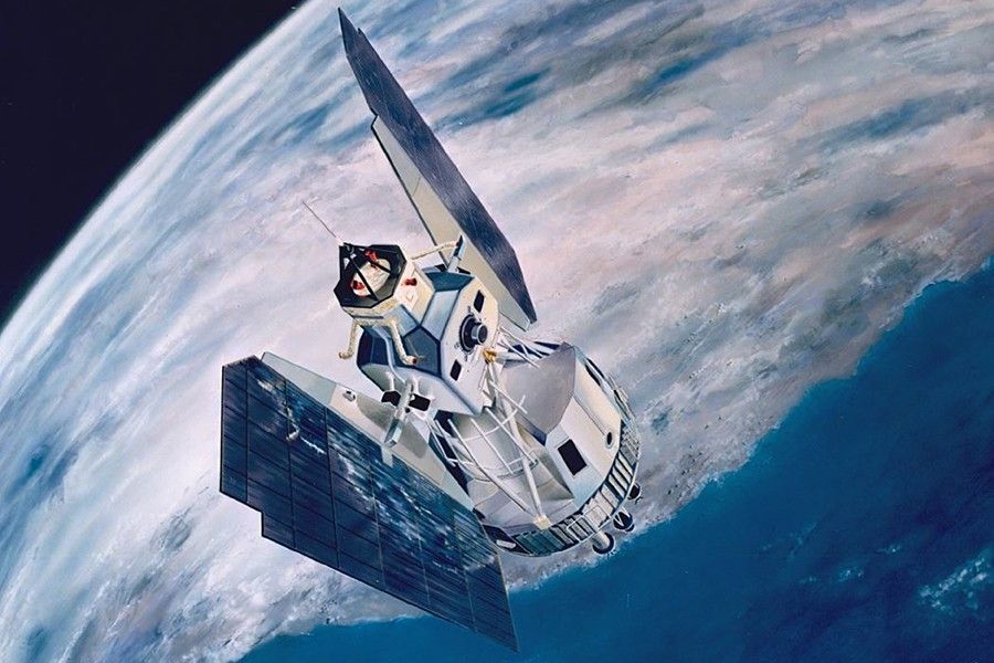 Artist rendering of Landsat 2 showing the Landsat satellite over earth.