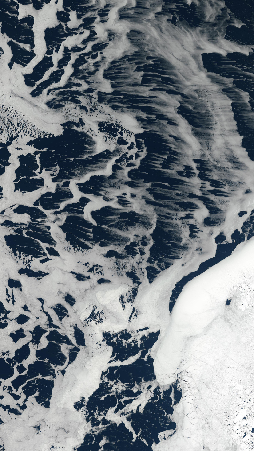 A natural-color Landsat satellite image of the Sea of Okhotsk.