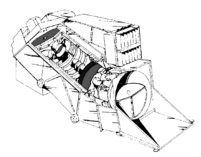 Technical line drawing of the EO-1 Advanced Land Imager instrument showing its internal optical components and housing structure. The cutaway view reveals the telescope assembly with mirrors, detector arrays, and electronic modules in a compact rectangular housing.