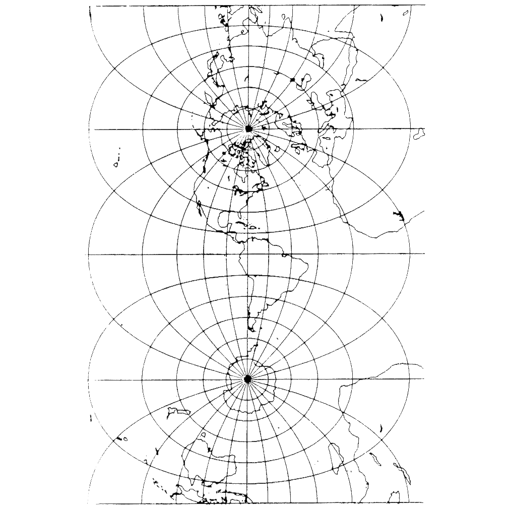 A black and white map projection showing Earth's continents with grid lines forming concentric circles around both the North and South poles. The map displays the complete global coverage pattern typical of polar-orbiting satellite paths.