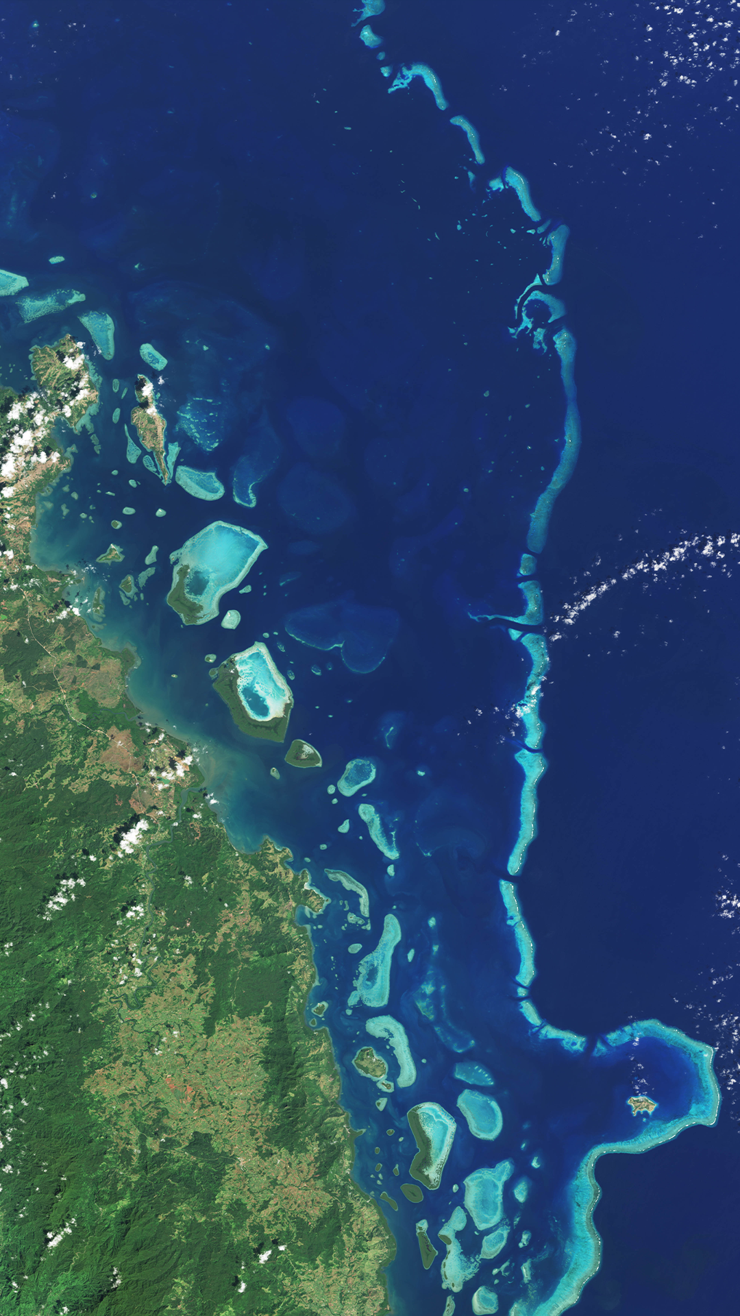 A Landsat satellite natural-color image of light blue coral peeking through the deep blue ocean.