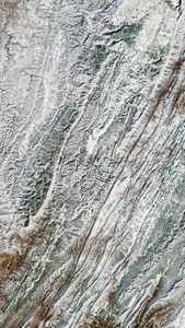 An natural-color Landsat satellite image of winter in the Appalachians.