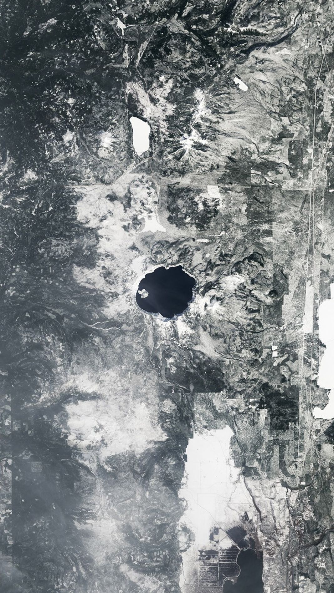 A natural-color Landsat satellite image of Crater Lake.