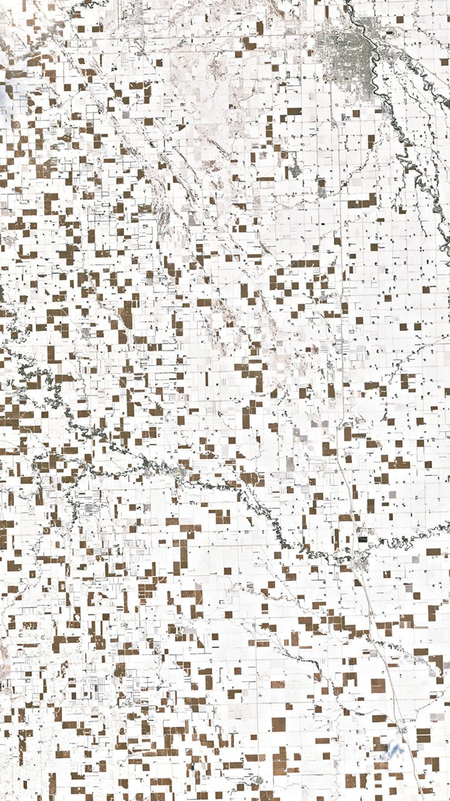 A natural-color Landsat satellite image of North Dakota.