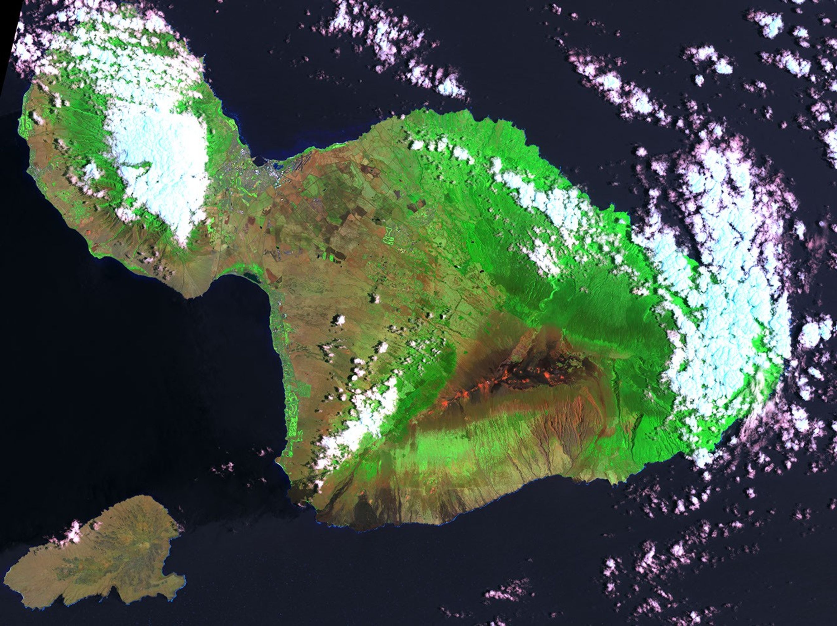 A infrared-color composite of the Maui fire on Aug 7, 2023