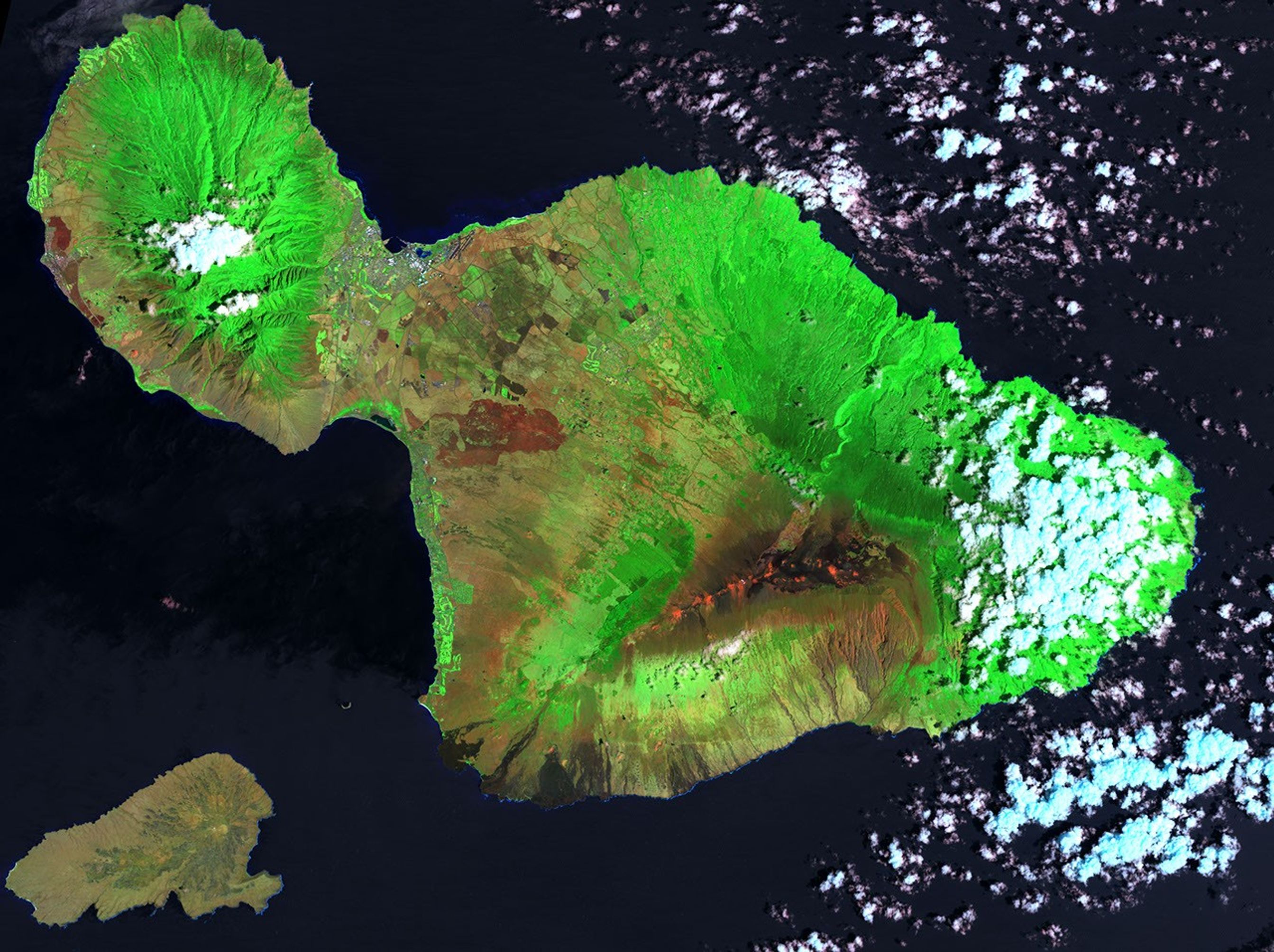 A infrared-color composite of the Maui fire on Aug 7, 2023