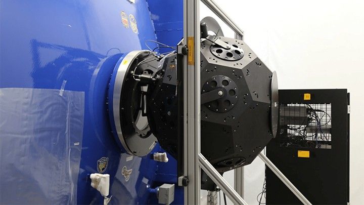 The GLAMR integrating sphere mounted on the thermal vacuum chamber during Landsat 9 OLI-2 testing.