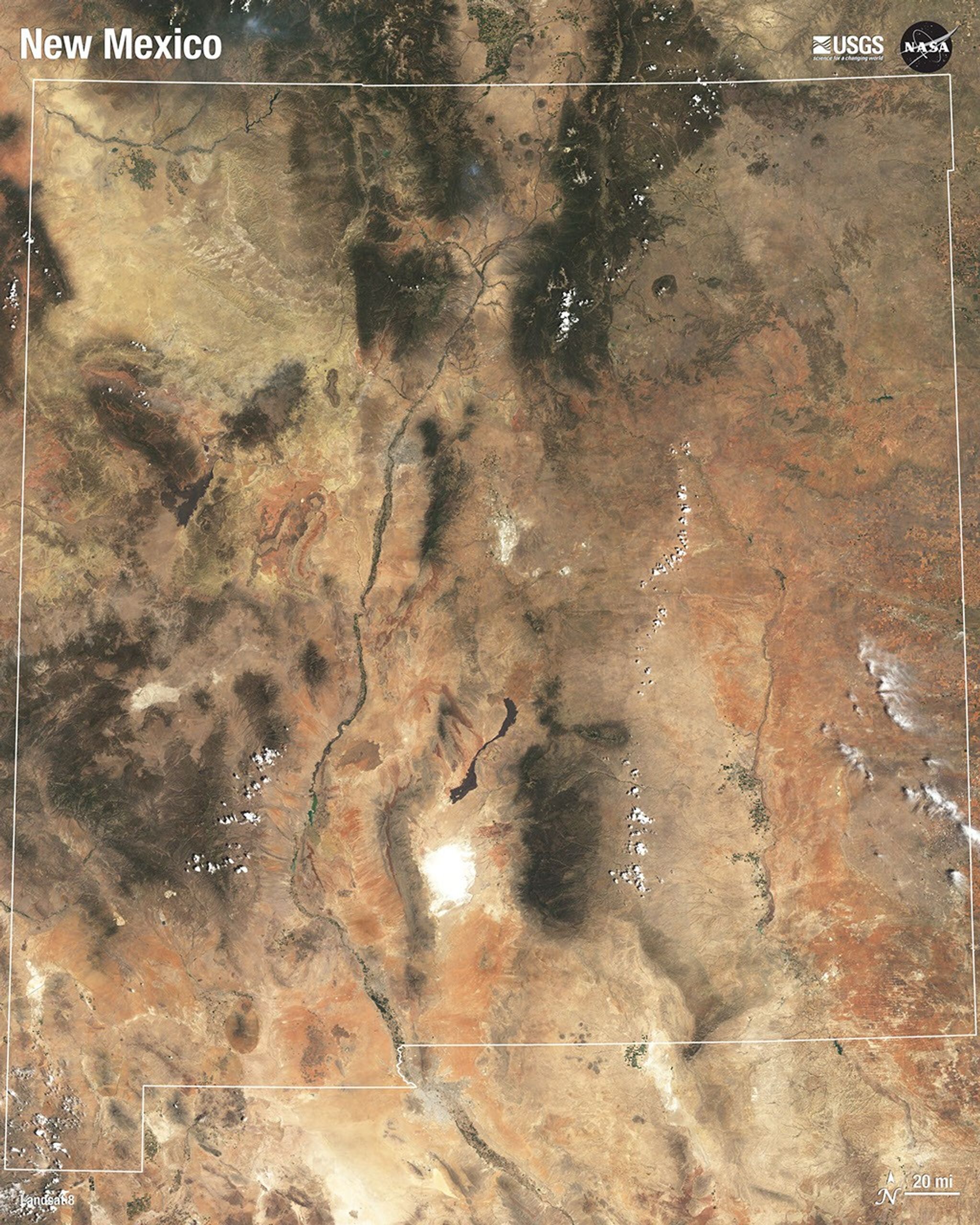 A natural-color mosaic of New Mexico created from Landsat 8 imagery acquired in 2020.