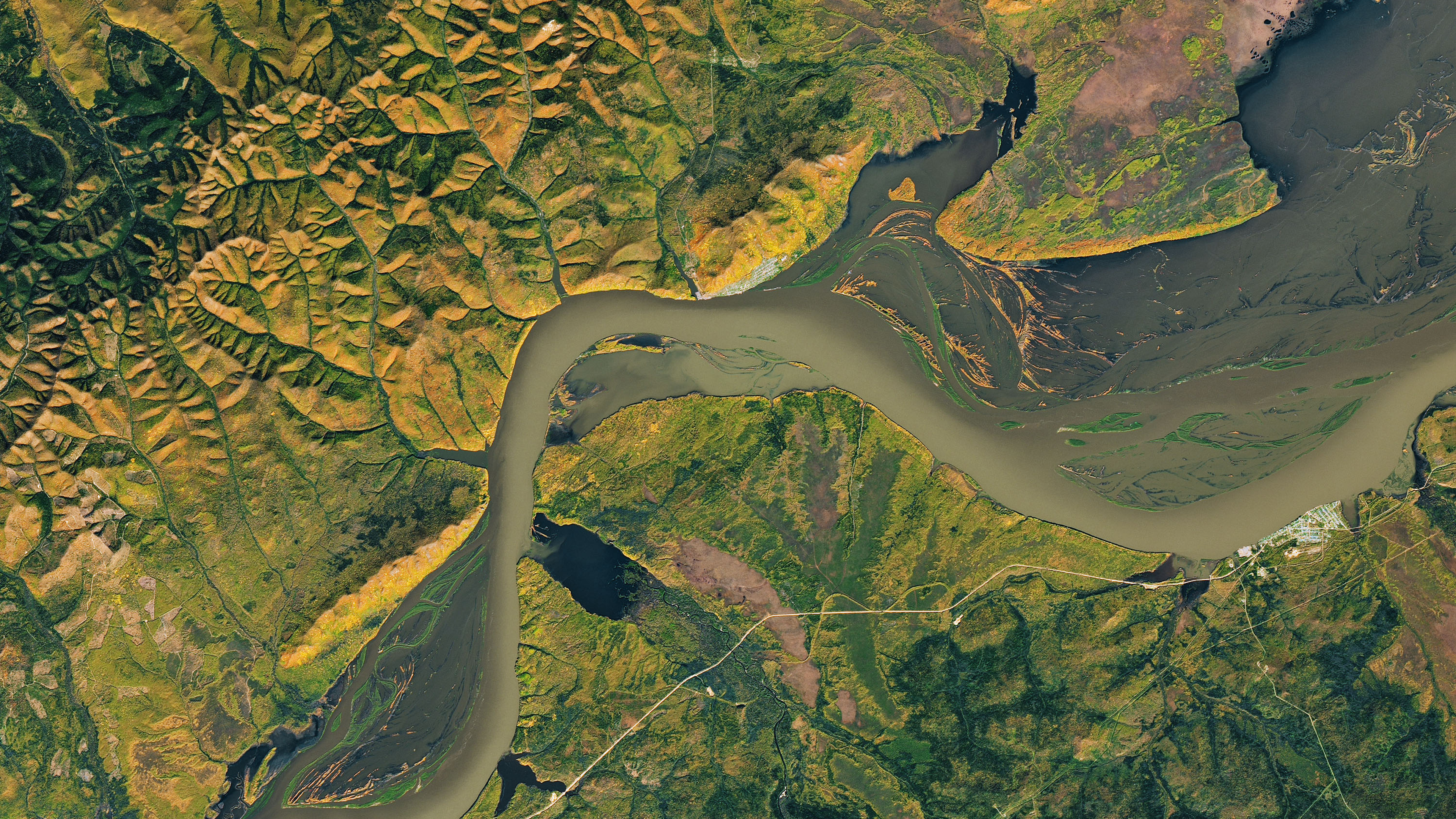 A natural-color Landsat 8 satellite image of the Amur river along the Chinese-Russian border. This image was acquired on September 30, 2019.