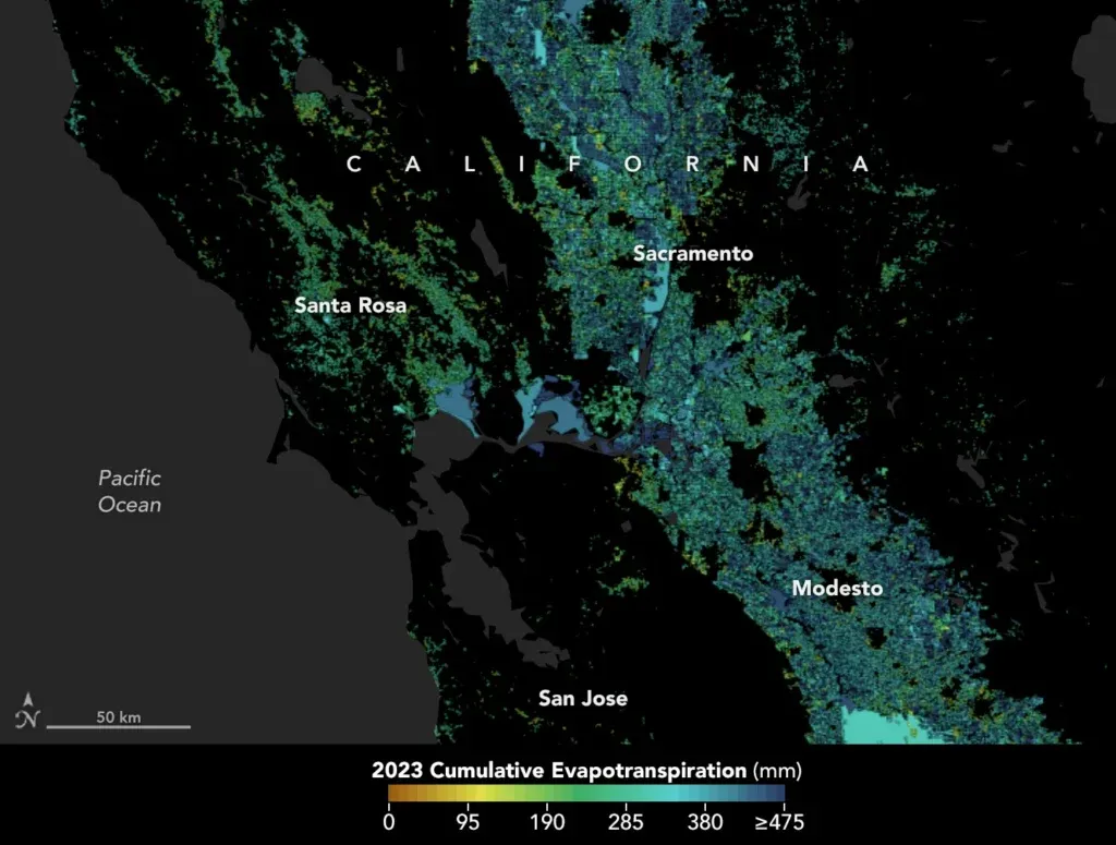 To better manage water, state officials and farmers in California are using satellite data through OpenET to track evapotranspiration. Here, the colors represent total evapotranspiration for 2023 as the equivalent depth of water in millimeters. Dark blue regions have higher evapotranspiration rates, such as in the Central Valley. Credit: NASA Earth Observatory using openetdata.org