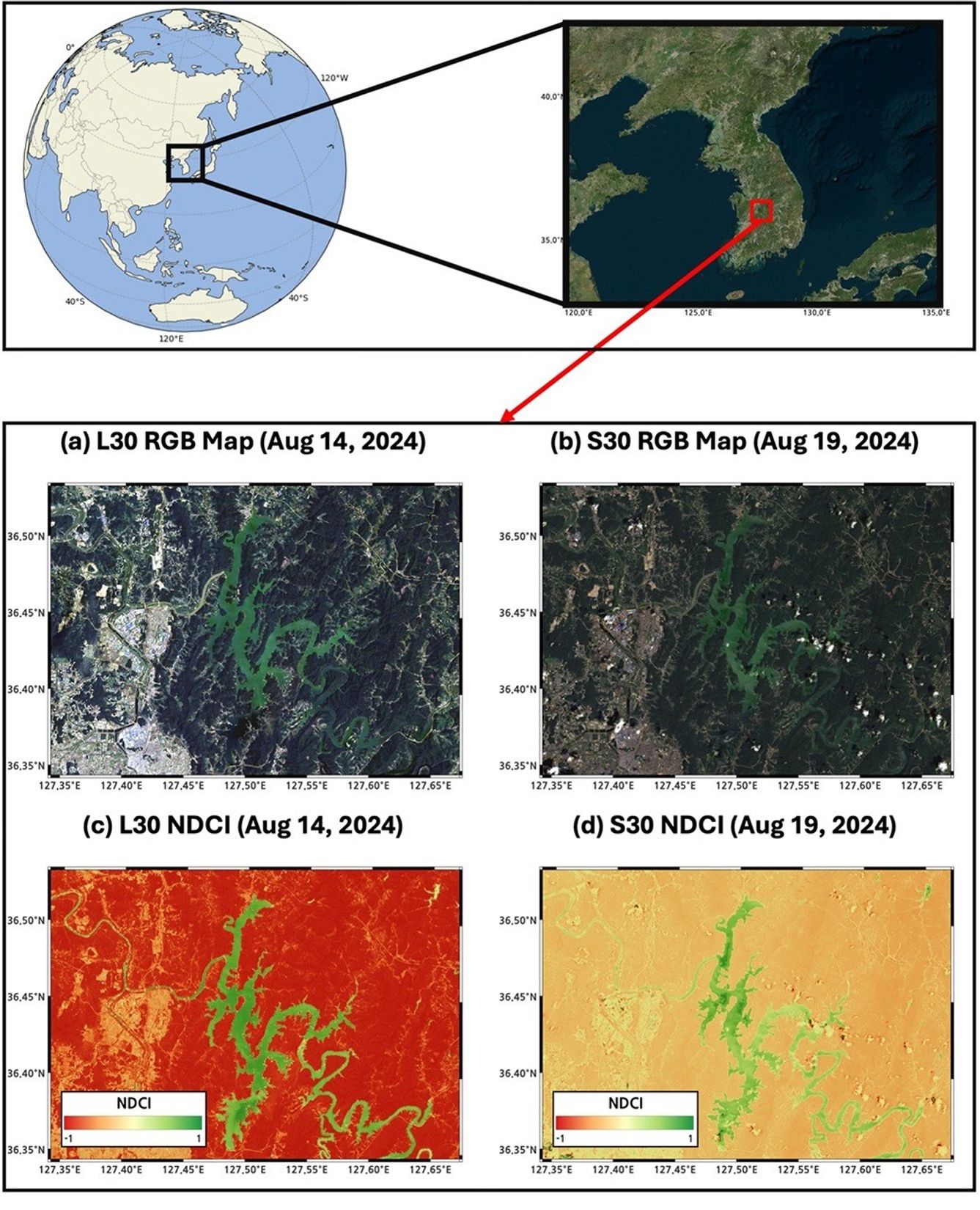RGB and NDCI maps acquired from the HLS dataset. The top left image shows the location of the study site in South Korea on a globe, the top right image shows the study area on a satellite image. The middle two images show the L30 RGB and S30 RGB maps, respectively, and the bottom two maps show the L30 and S30 NDCI maps, respectively, all from 2024.