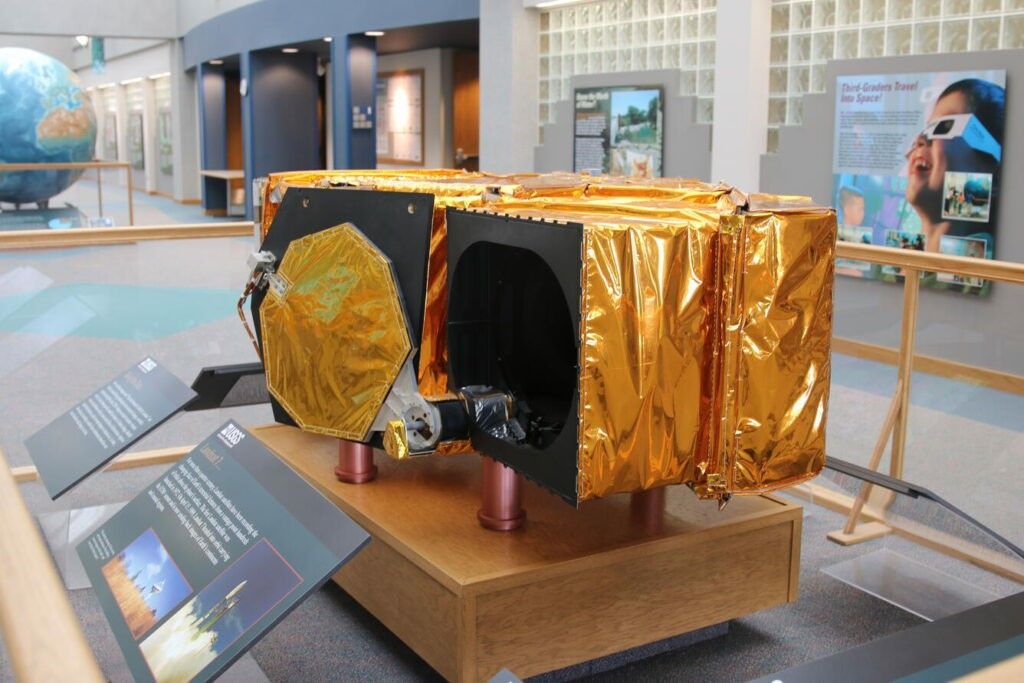 An engineering model of the Landsat 7 ETM+ (Enhanced Thematic Mapper Plus) sensor was on display for about 20 years in atrium of the USGS Earth Resources Observation and Science (EROS) Center, until it was moved to the Smithsonian Institute.