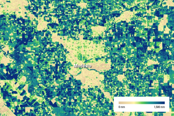 Map image of 2020 annual actual evapotranspiration (ETa) in the Modesto, California, area, as determined by the SSEBop ET model from the USGS Earth Resources Observation and Science (EROS) Center. Urban and other developed areas tend to have less evapotranspiration than fields and other vegetative areas.