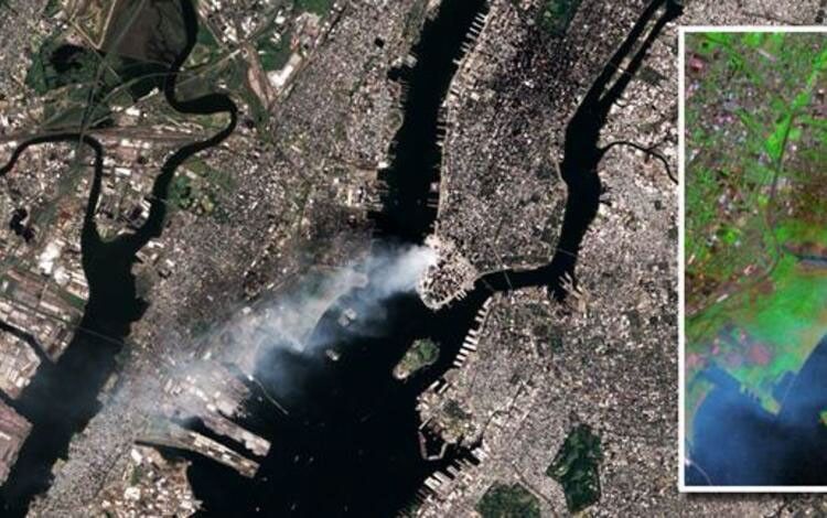 This true-color image was taken by the Enhanced Thematic Mapper Plus (ETM+) sensor aboard the Landsat 7 satellite on September 12, 2001, at roughly 11:30 a.m. Eastern Daylight Savings Time. A day after the attack, smoke continues to billow out of the collapsed Twin Towers.