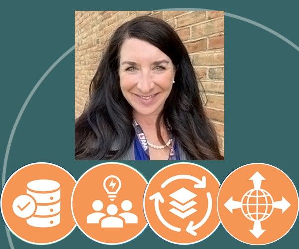 A headshot of Dana Ostrenga standing in front of a brick wall. This photo has been placed on a teal background with four orange circles representing activities of NASA'S CSDA below.