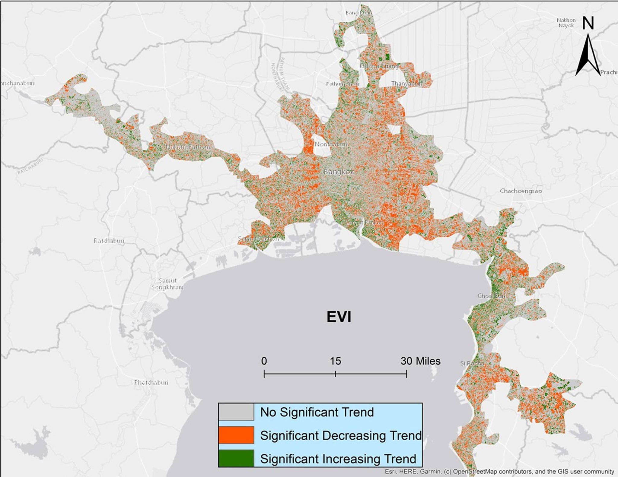 Map of EVI trends in Bangkok. Grey represents no significant change, green represents significantly increasing trend, and orange represents a significantly decreasing trend.