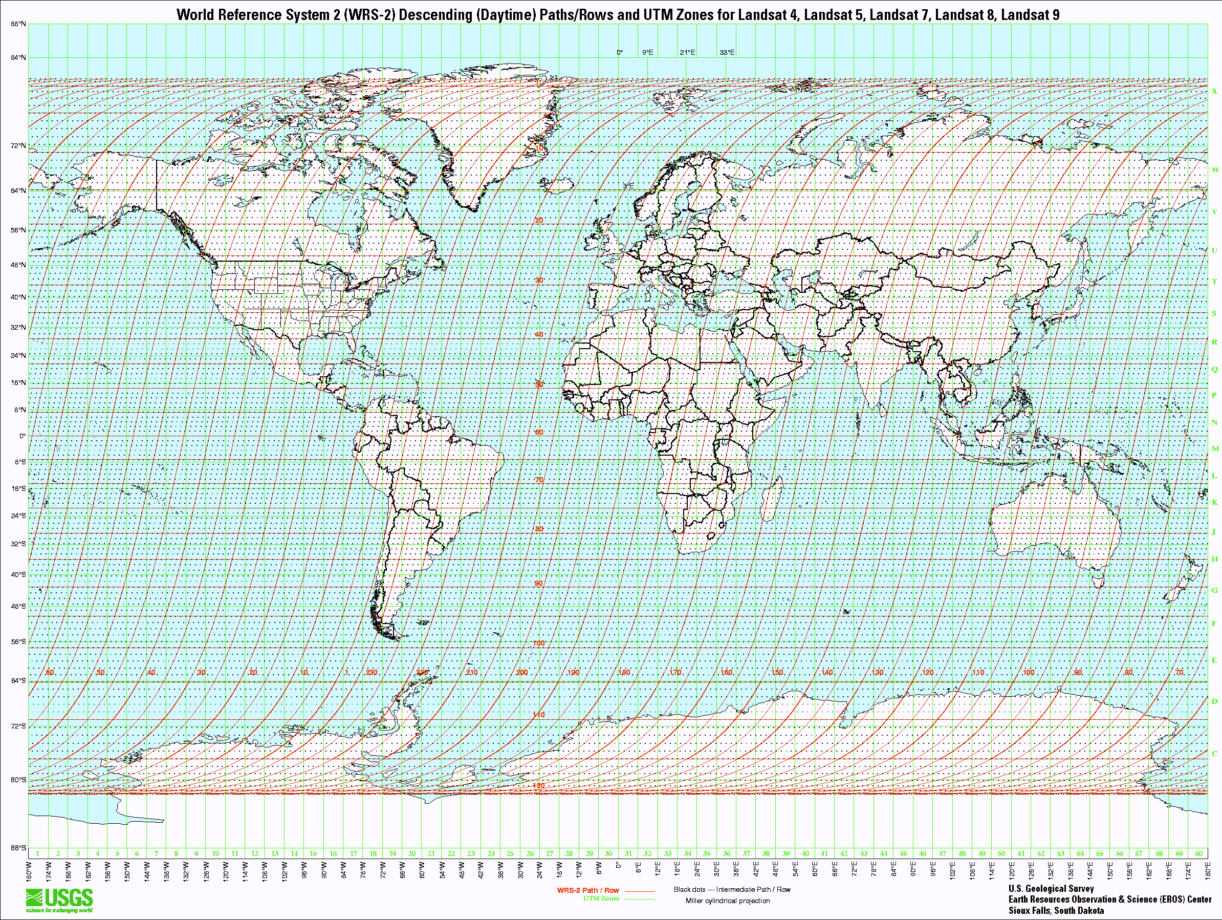 A map of the Worldwide Reference System-2 (WRS-2). UTM zones are shown in green, paths and rows are indicated with black dots where every tenth path and row is highlighted with a red line. These lines and points are overlaid onto a world map.