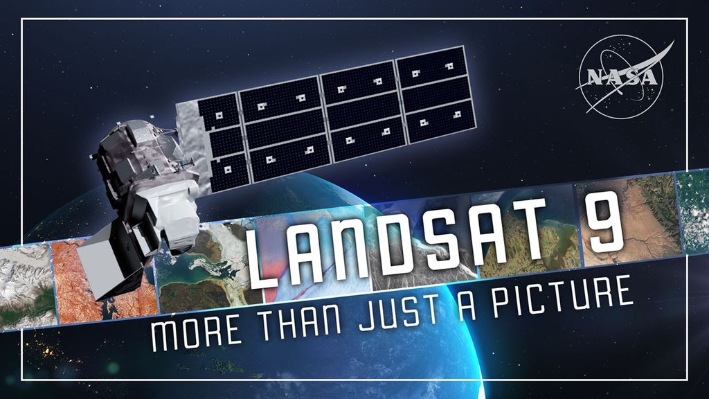 Thumbnail for video about Landsat 9 highlight video. An artist's rendering of Landsat 9 satellite floats above the Earth and a ribbon of Landsat imagery.