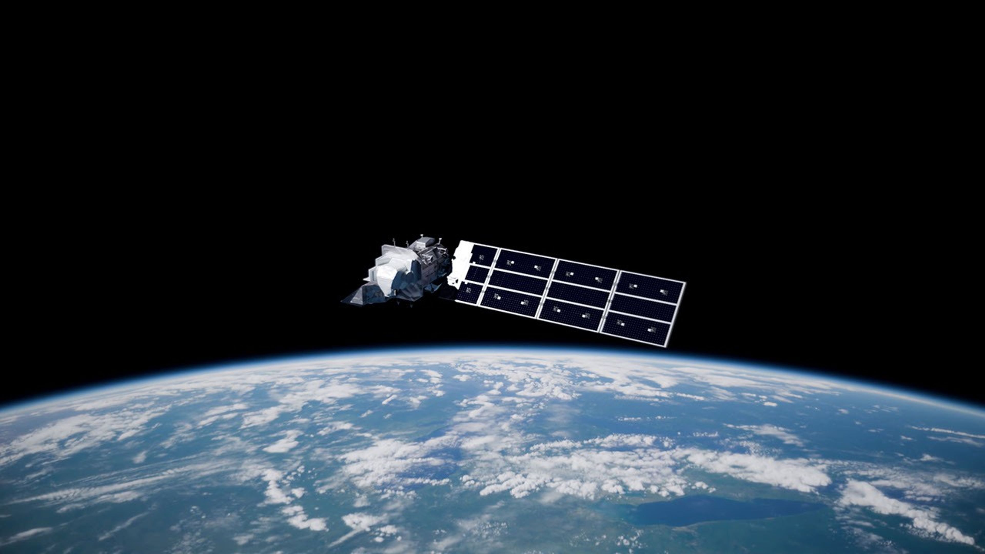 A 3D animation of the Landsat 9 satellite orbiting Earth. The camera slowly moves closer to the satellite, with the planet visible just below it.