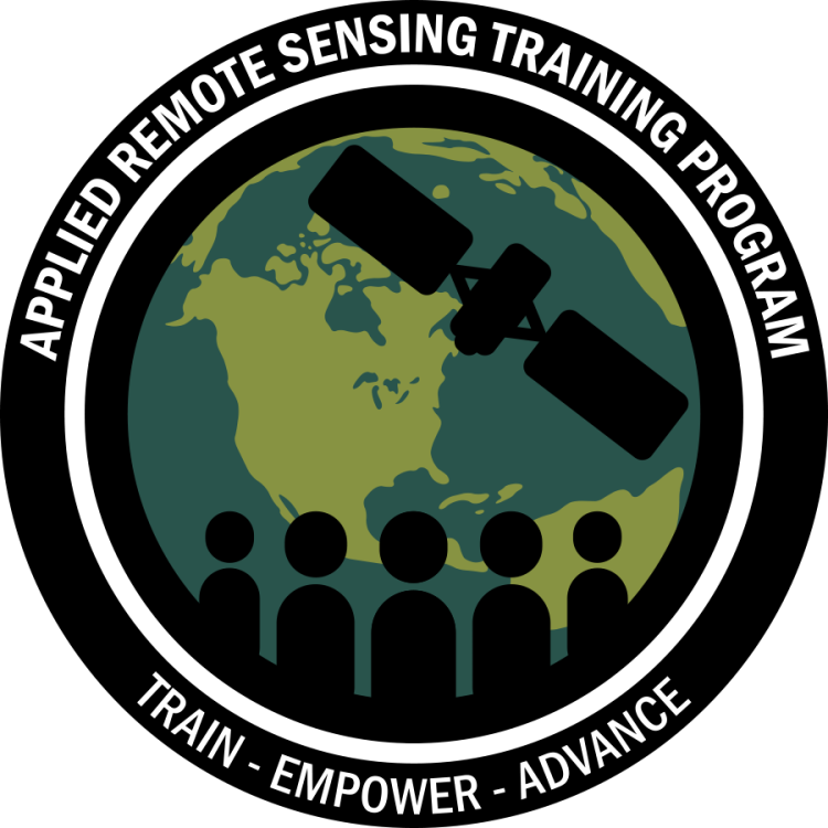 The ARSET logo. It is a circle with a black border and the words "Applied Remote Sensing Training Program" at the top and "Train - Empower - Advance" at the bottom. In the center of the logo is a vectorized Earth, a black satellite silhouette, and silhouettes of five stick-figure people.
