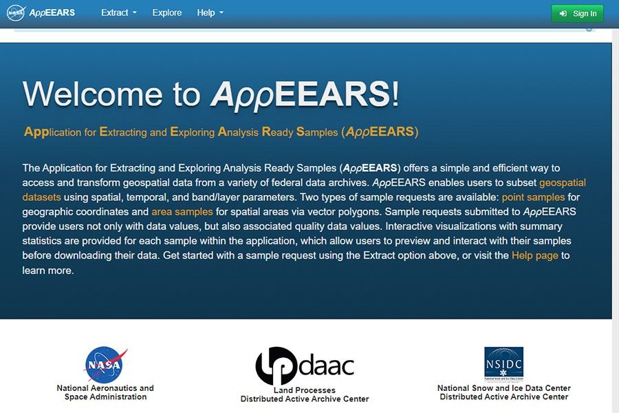 A screenshot of the AppEEARS landing page.