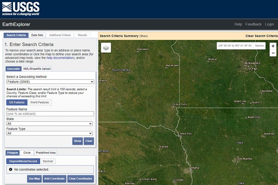 A screenshot of the USGS EarthExplorer Tool.